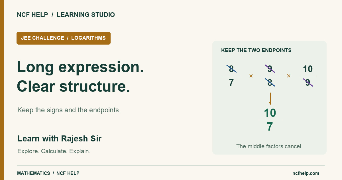 Long expression, clear structure: the product eight sevenths times nine eighths times ten ninths simplifies to ten sevenths by keeping its endpoints.