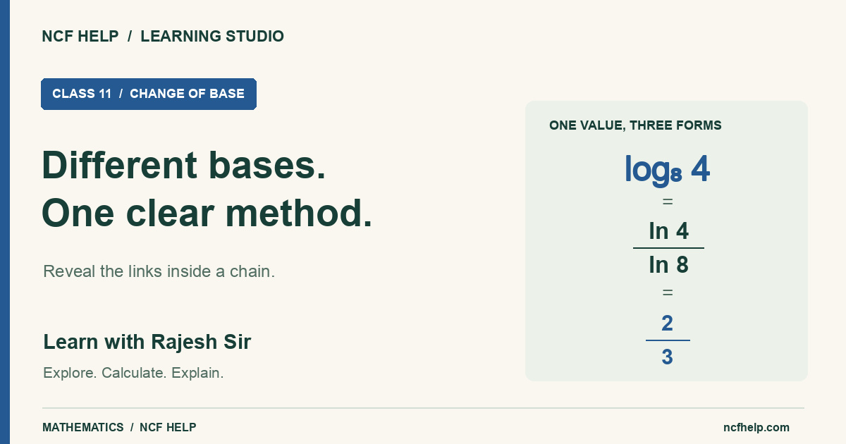 Different bases, one clear method: log base 8 of 4 equals ln 4 divided by ln 8, or two thirds. Learn with Rajesh Sir.