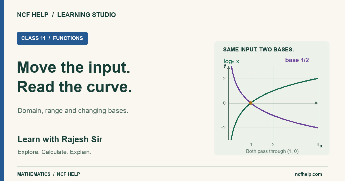 Move the input, read the curve: log base 2 of x increases, while log base one half of x decreases; both pass through (1,0).
