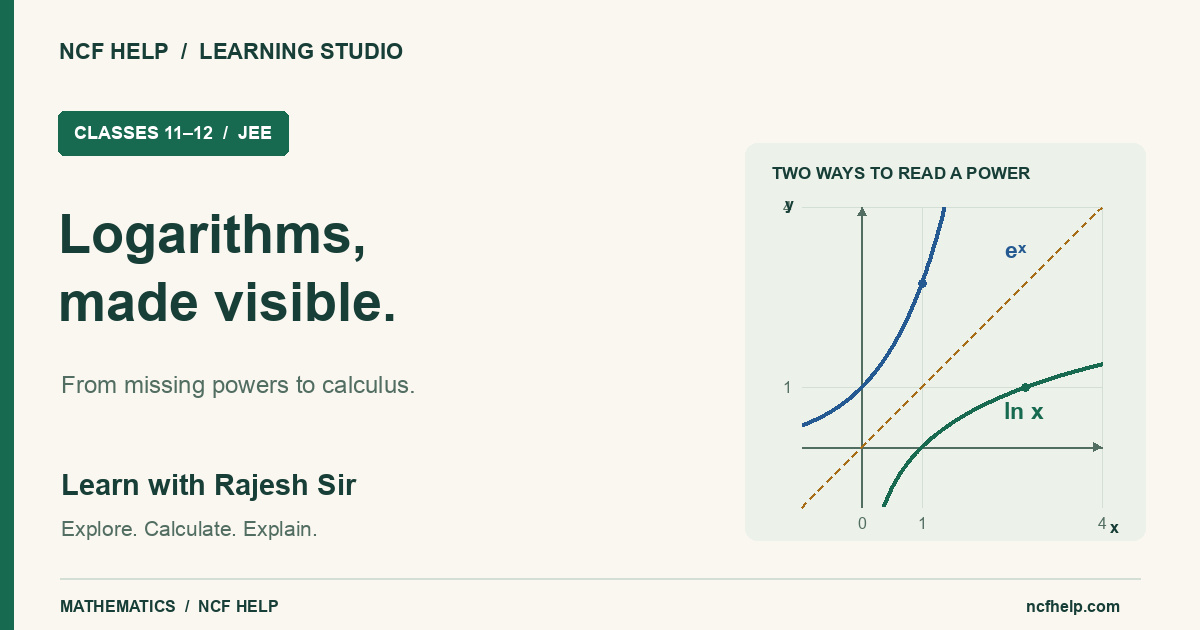 Logarithms, made visible, with Rajesh Sir. Paired graphs of y=ln x and y=e^x with the line y=x. NCF Help Classes 11–12 and JEE course.