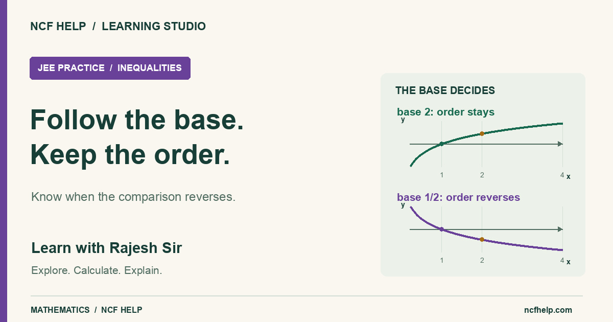 Follow the base, keep the order: rising base-2 and falling base-one-half logarithm curves illustrate order preservation and reversal.