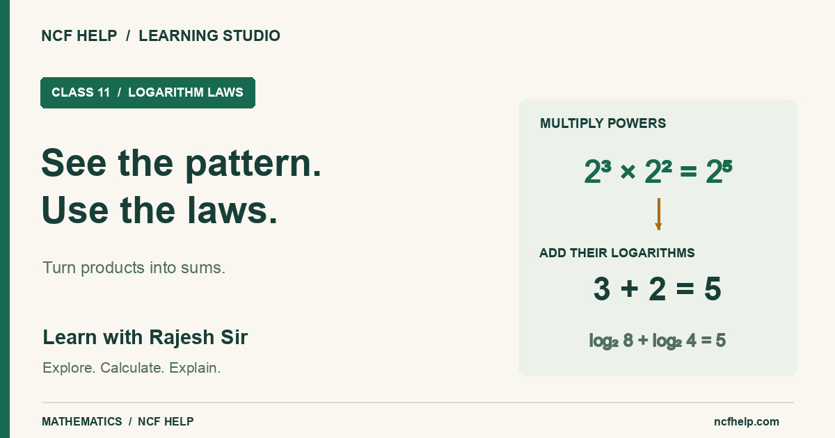 See the pattern, use the laws: 2 cubed times 2 squared equals 2 to the fifth power, connecting exponent addition to logarithm addition.