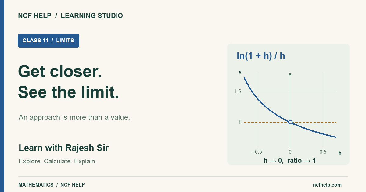 Get closer, see the limit: ln(1+h) divided by h approaches 1 as h approaches zero from either side, with an open point at h=0.