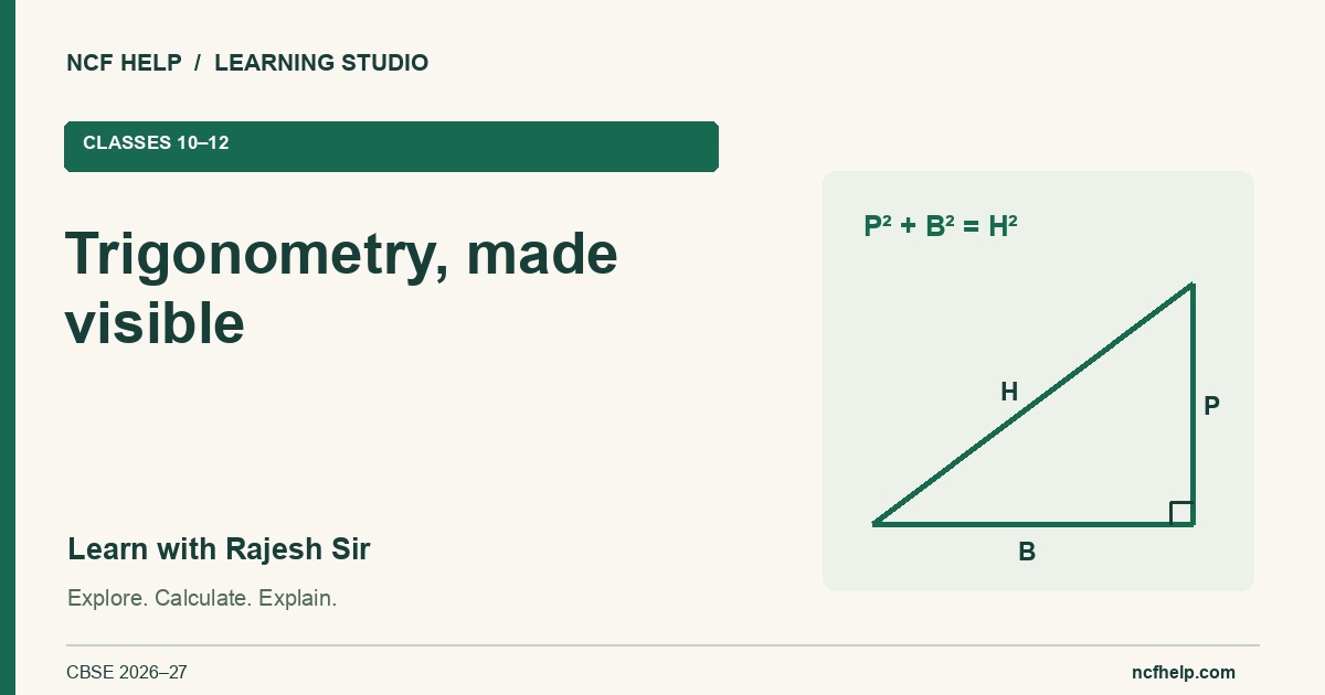 Trigonometry, made visible — Classes 10–12, with Rajesh Sir. A branded mathematical learning card.