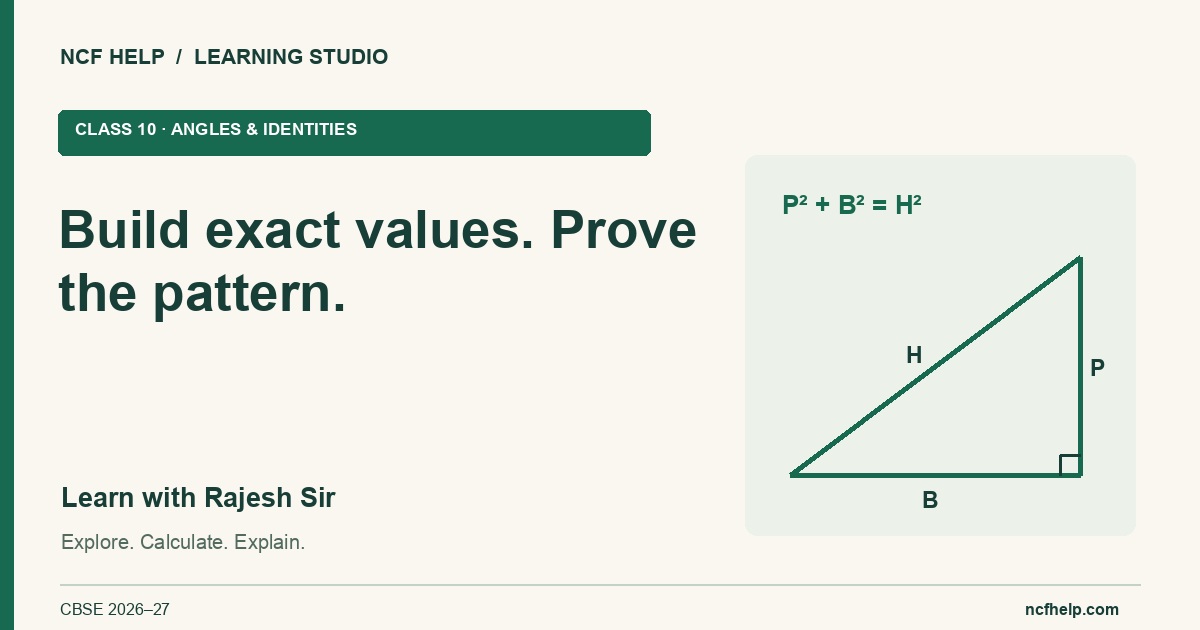 Build exact values. Prove the pattern. — Class 10 · Angles & identities, with Rajesh Sir. A branded mathematical learning card.